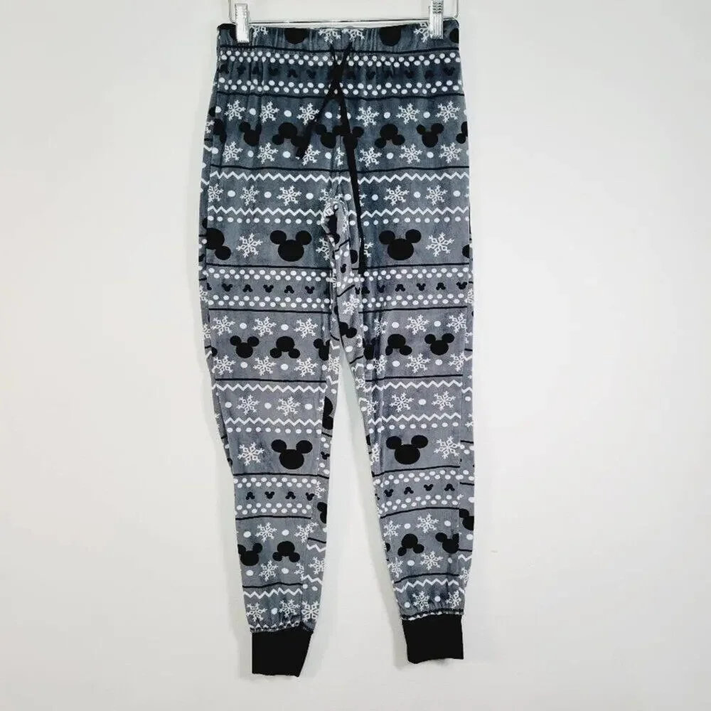 Disney Womens Mickey Mouse Snowflake Fleece Pajama Set Size X-Small Grey Black - Picture 4 of 16